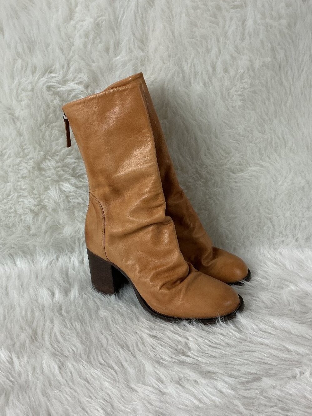 Free People Elle Tan Leather Slouchy Block Heel Booties EU 39 US 8.5